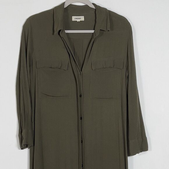 L'agence Rivi Midi Shirt Dress Womens Sz SP Olive Green 3/4 Sleeve No Belt - Picture 2 of 9